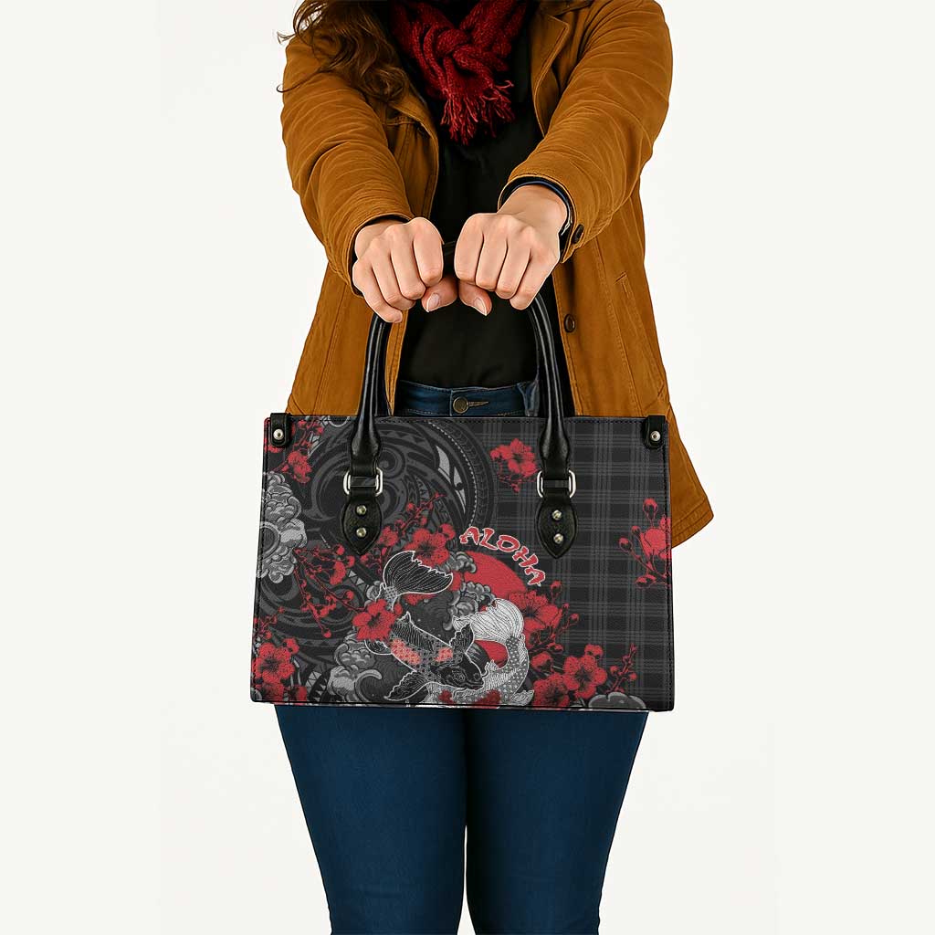 Hawaiian And Japanese Leather Bag Aloha Koi Fish Palaka Patterns - Polynesian Pride