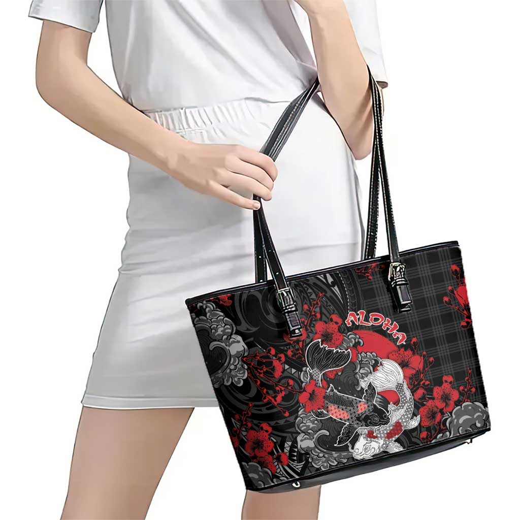 Hawaiian And Japanese Leather Tote Bag Aloha Koi Fish Palaka Patterns DT05 - Polynesian Pride