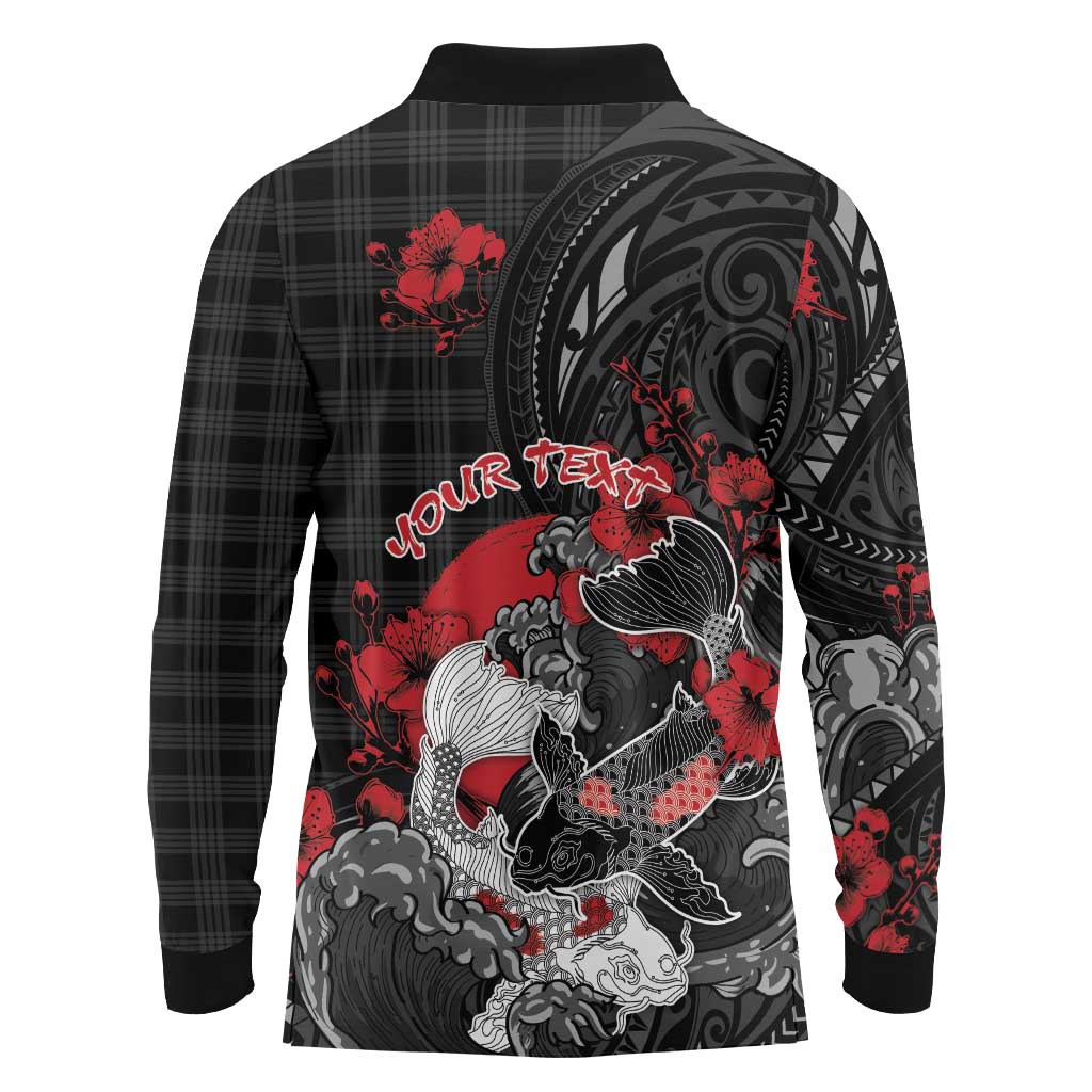 Personalised Hawaiian And Japanese Long Sleeve Polo Shirt Aloha Koi Fish Palaka Patterns - Polynesian Pride