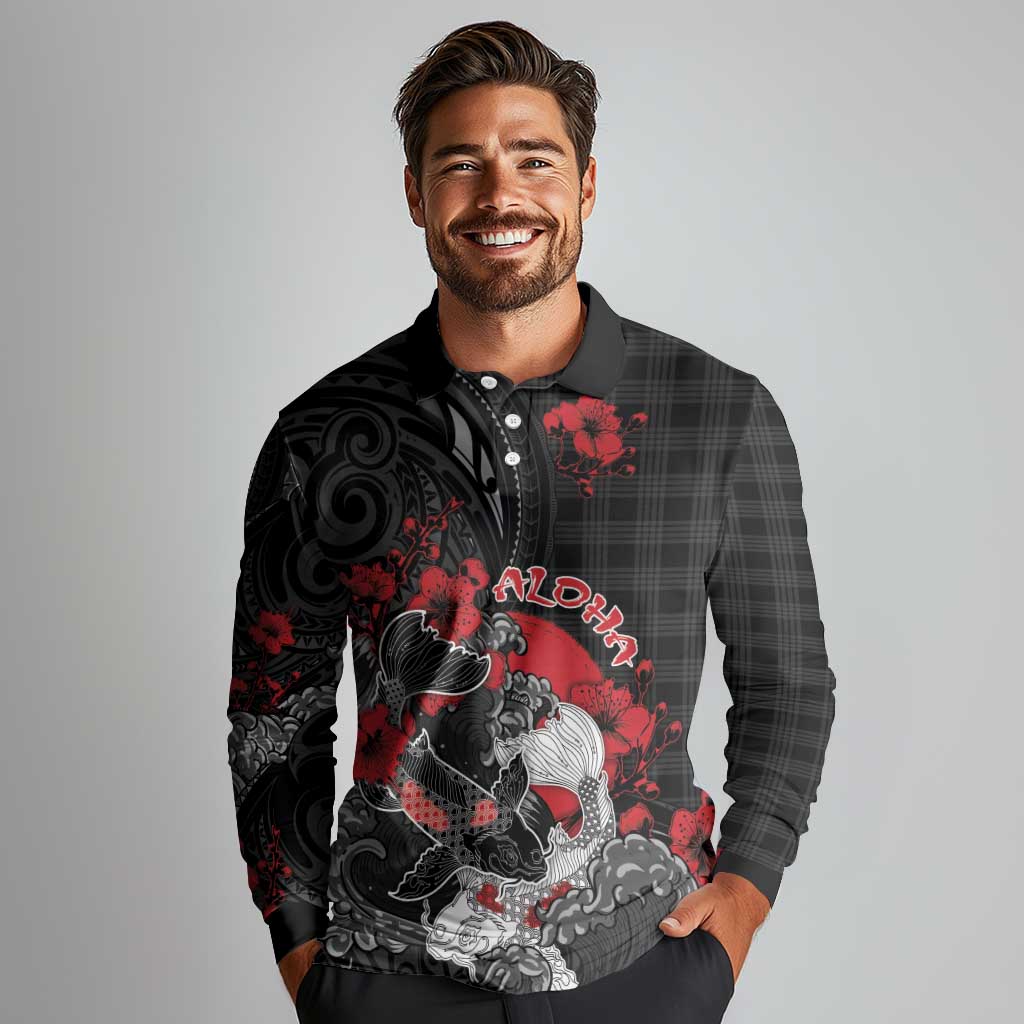 Personalised Hawaiian And Japanese Long Sleeve Polo Shirt Aloha Koi Fish Palaka Patterns - Polynesian Pride