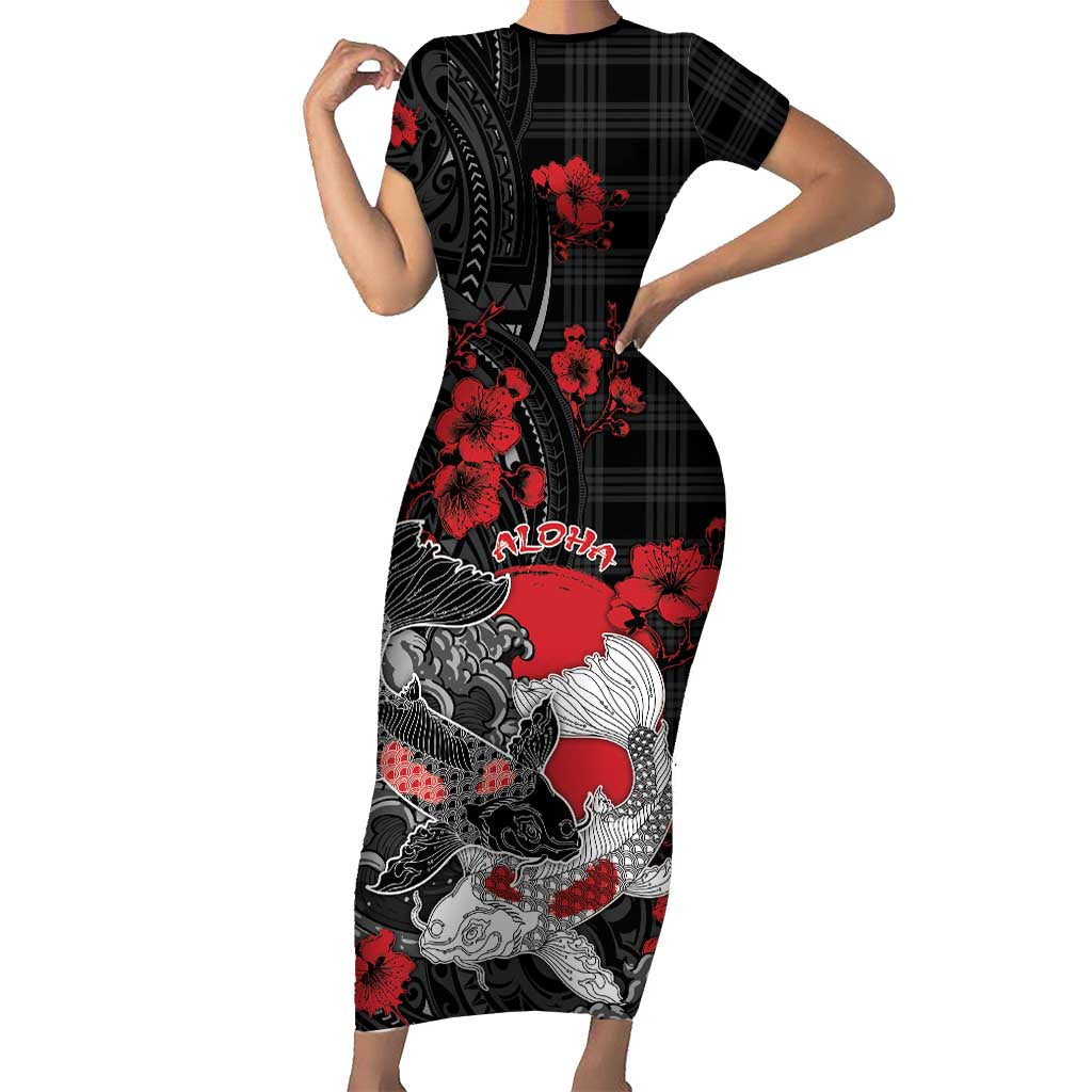 Personalised Hawaiian And Japanese Short Sleeve Bodycon Dress Aloha Koi Fish Palaka Patterns - Polynesian Pride