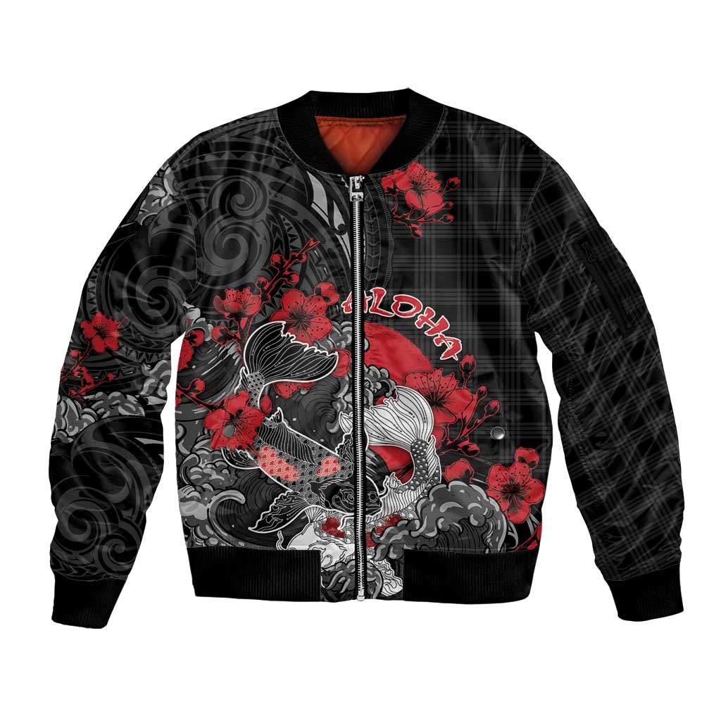 Personalised Hawaiian And Japanese Sleeve Zip Bomber Jacket Aloha Koi Fish Palaka Patterns DT05 Unisex Black - Polynesian Pride