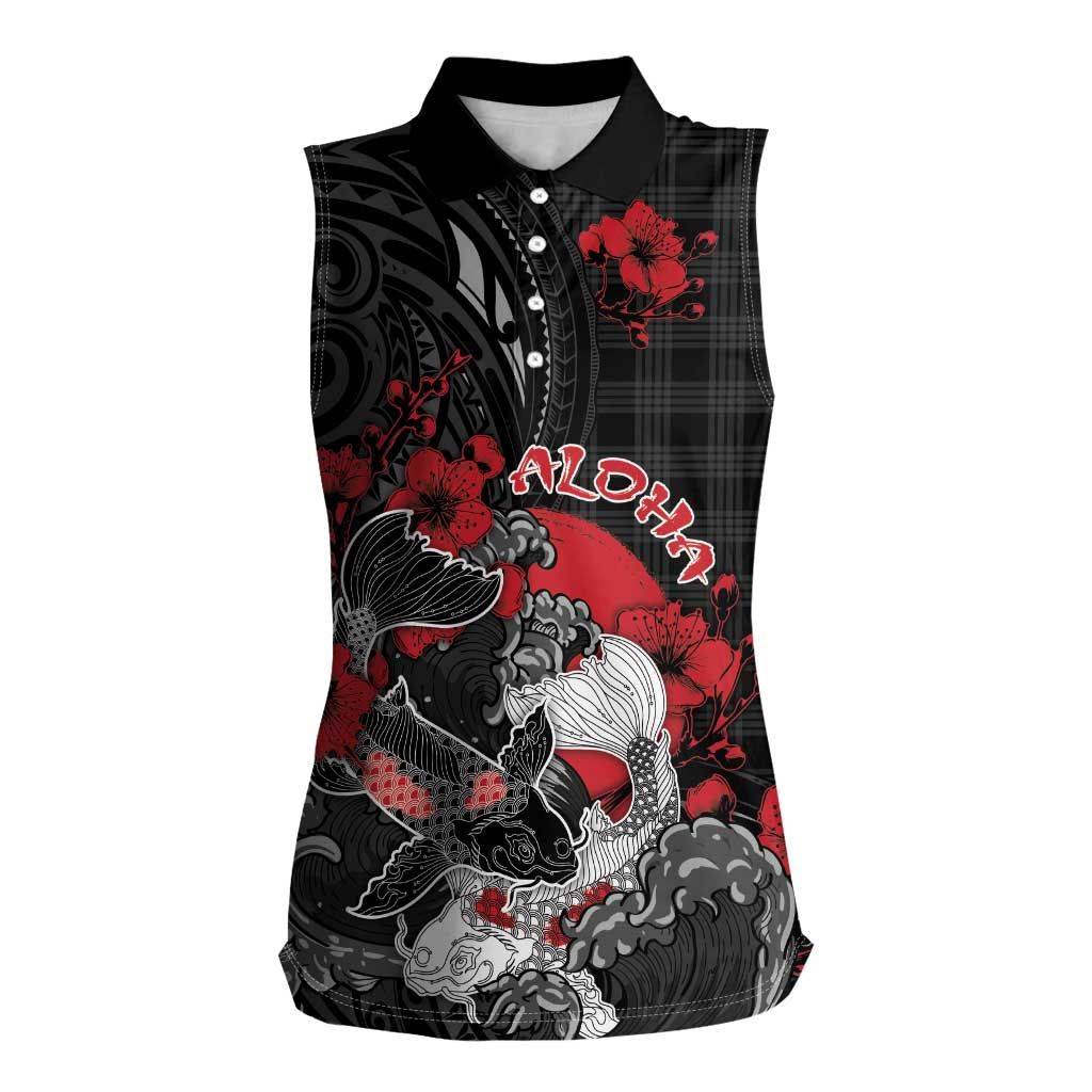 Personalised Hawaiian And Japanese Women Sleeveless Polo Shirt Aloha Koi Fish Palaka Patterns - Polynesian Pride