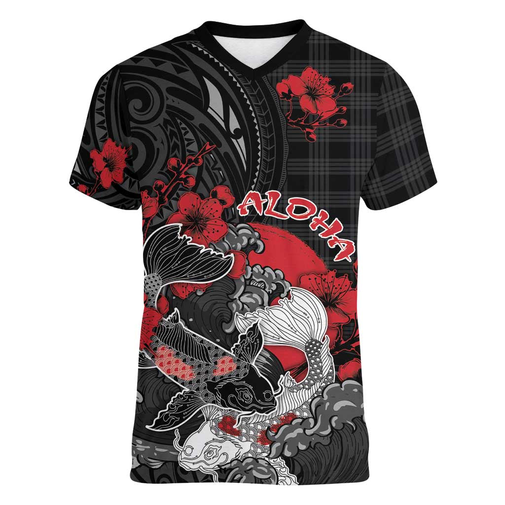 Personalised Hawaiian And Japanese Women V-Neck T-Shirt Aloha Koi Fish Palaka Patterns - Polynesian Pride