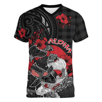 Personalised Hawaiian And Japanese Women V-Neck T-Shirt Aloha Koi Fish Palaka Patterns - Polynesian Pride