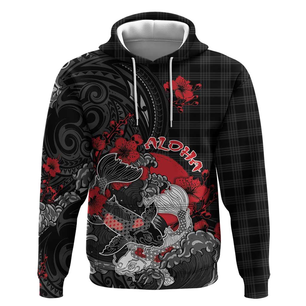 Personalised Hawaiian And Japanese Zip Hoodie Aloha Koi Fish Palaka Patterns DT05 Pullover Hoodie Black - Polynesian Pride