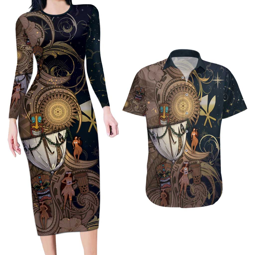 Hawaii Makahiki Couples Matching Long Sleeve Bodycon Dress and Hawaiian Shirt Polynesian Sky And Earth DT05 Gold - Polynesian Pride