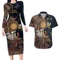 Hawaii Makahiki Couples Matching Long Sleeve Bodycon Dress and Hawaiian Shirt Polynesian Sky And Earth DT05 Gold - Polynesian Pride