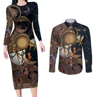 Hawaii Makahiki Couples Matching Long Sleeve Bodycon Dress and Long Sleeve Button Shirt Polynesian Sky And Earth DT05 Gold - Polynesian Pride