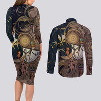 Hawaii Makahiki Couples Matching Long Sleeve Bodycon Dress and Long Sleeve Button Shirt Polynesian Sky And Earth DT05 - Polynesian Pride