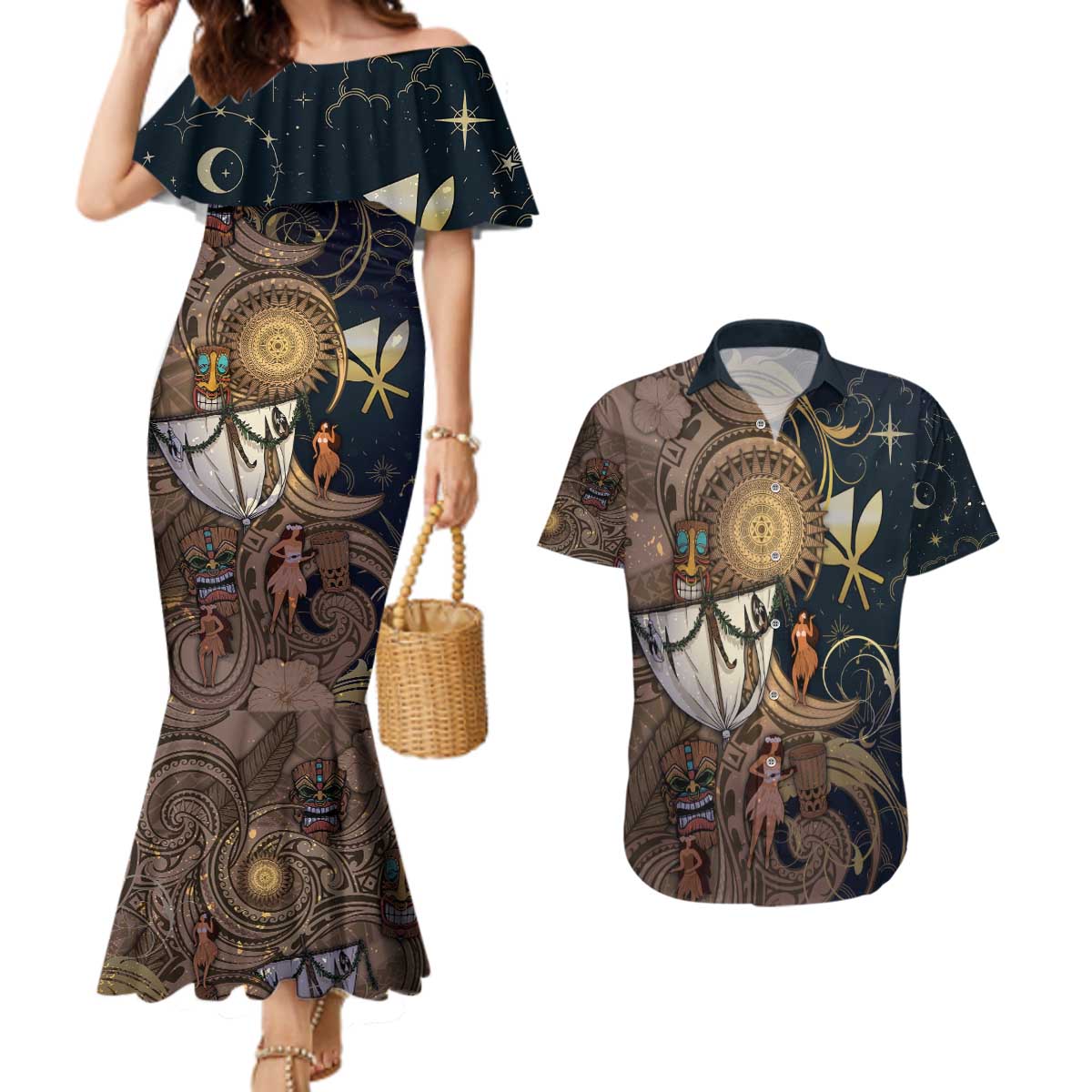 Hawaii Makahiki Couples Matching Mermaid Dress and Hawaiian Shirt Polynesian Sky And Earth - Polynesian Pride