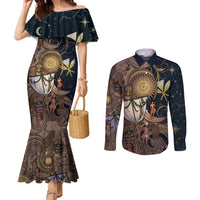 Hawaii Makahiki Couples Matching Mermaid Dress and Long Sleeve Button Shirt Polynesian Sky And Earth DT05 Gold - Polynesian Pride