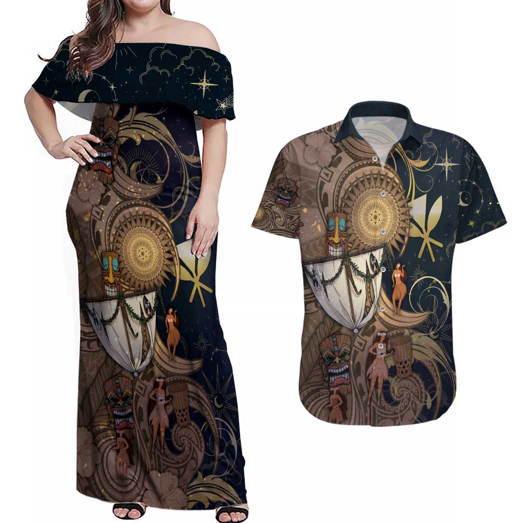 Hawaii Makahiki Couples Matching Off Shoulder Maxi Dress and Hawaiian Shirt Polynesian Sky And Earth DT05 Gold - Polynesian Pride