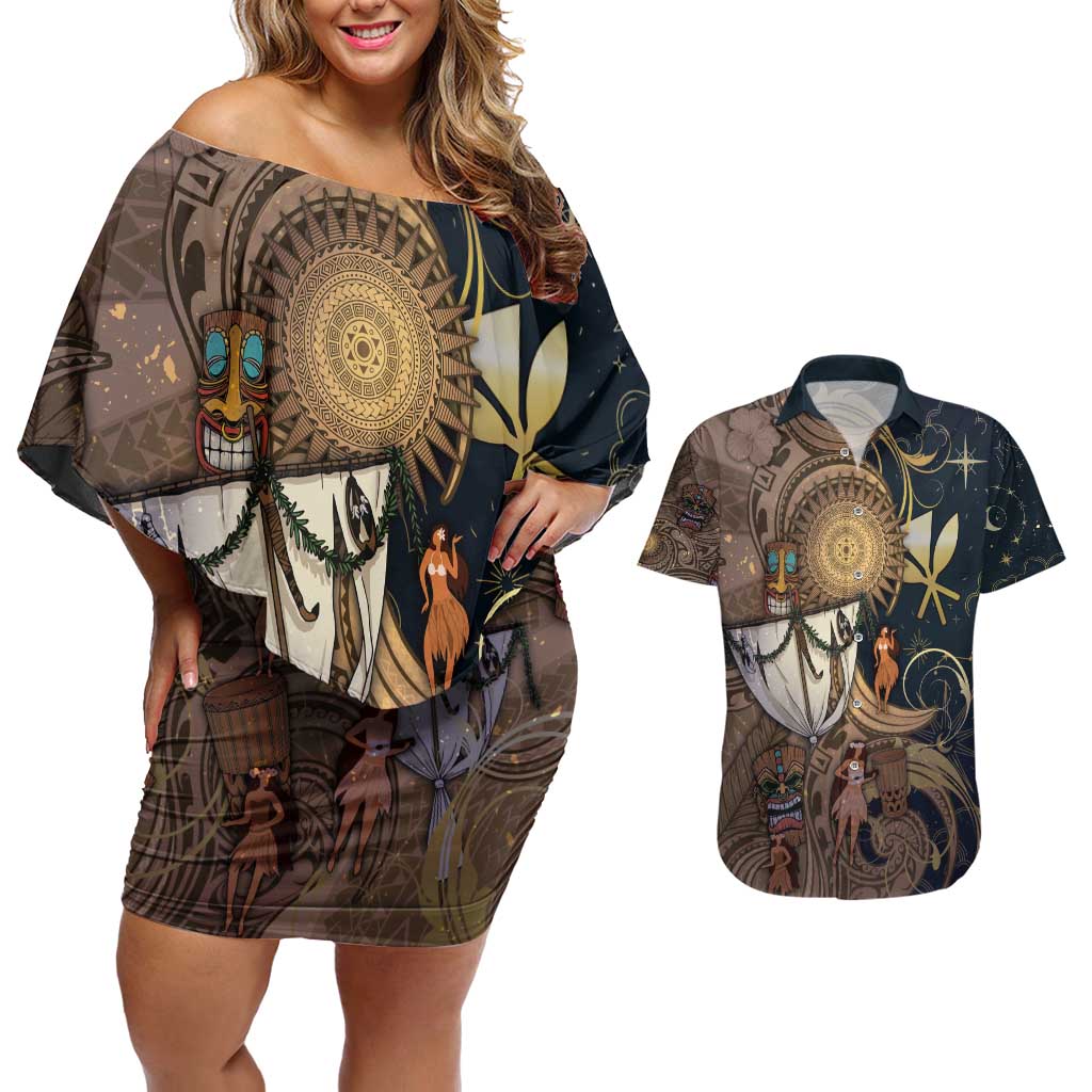 Hawaii Makahiki Couples Matching Off Shoulder Short Dress and Hawaiian Shirt Polynesian Sky And Earth DT05 Gold - Polynesian Pride
