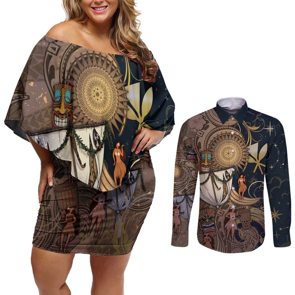 Hawaii Makahiki Couples Matching Off Shoulder Short Dress and Long Sleeve Button Shirt Polynesian Sky And Earth DT05 Gold - Polynesian Pride