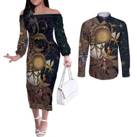 Hawaii Makahiki Couples Matching Off The Shoulder Long Sleeve Dress and Long Sleeve Button Shirt Polynesian Sky And Earth - Polynesian Pride