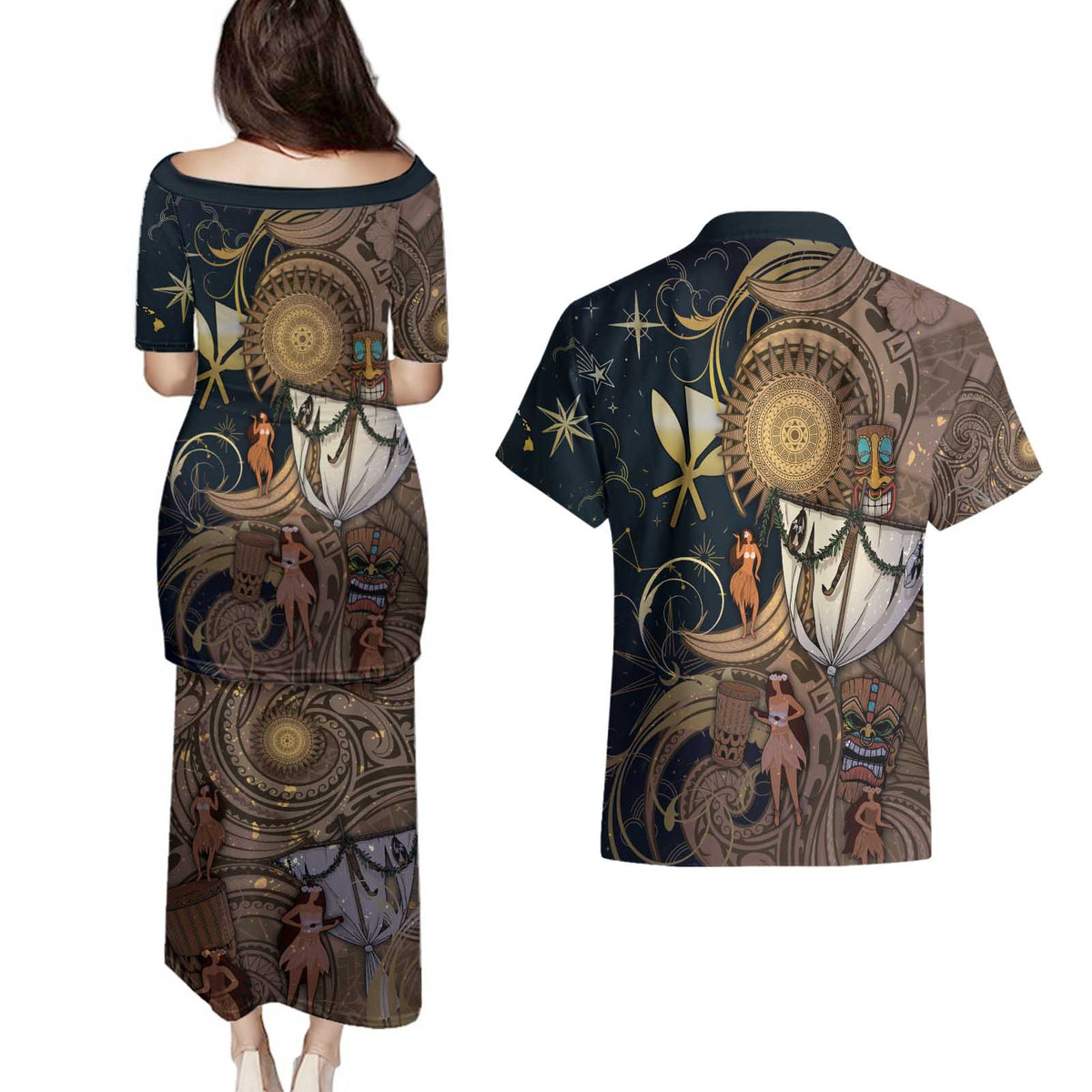 Hawaii Makahiki Couples Matching Puletasi and Hawaiian Shirt Polynesian Sky And Earth - Polynesian Pride
