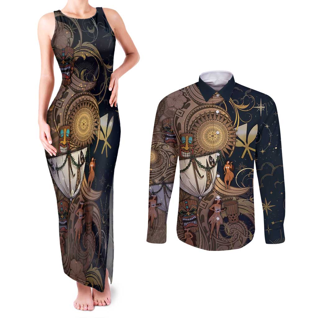 Hawaii Makahiki Couples Matching Tank Maxi Dress and Long Sleeve Button Shirt Polynesian Sky And Earth - Polynesian Pride