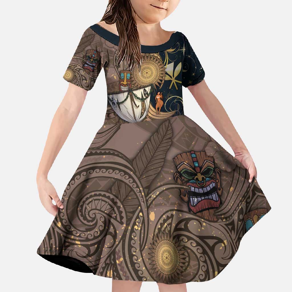 Hawaii Makahiki Family Matching Mermaid Dress and Hawaiian Shirt Polynesian Sky And Earth DT05 Daughter's Dress Gold - Polynesian Pride