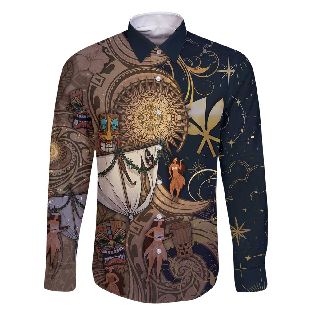 Hawaii Makahiki Family Matching Tank Maxi Dress and Hawaiian Shirt Polynesian Sky And Earth DT05 Dad's Shirt - Long Sleeve Gold - Polynesian Pride