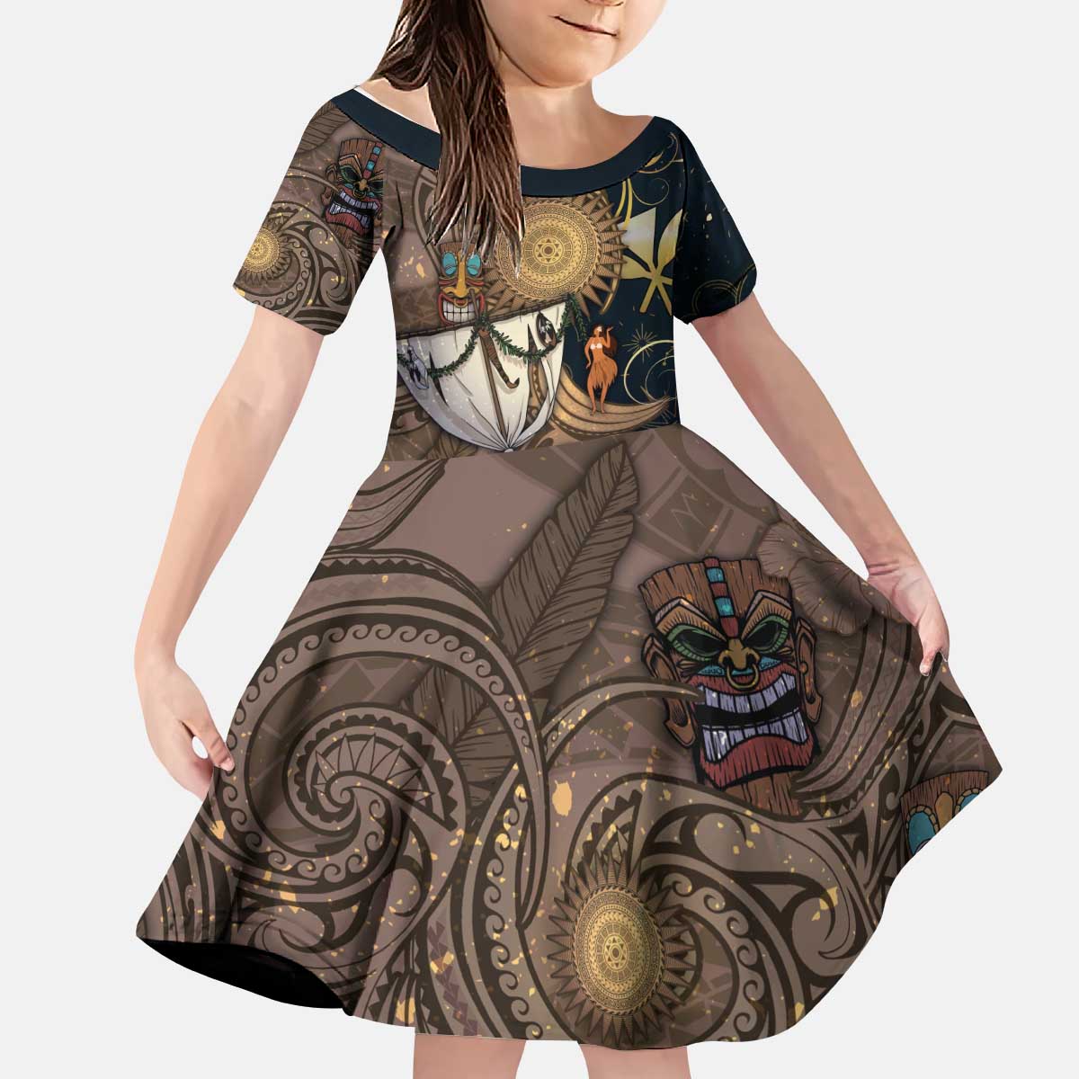 Hawaii Makahiki Kid Short Sleeve Dress Polynesian Sky And Earth DT05 KID Gold - Polynesian Pride