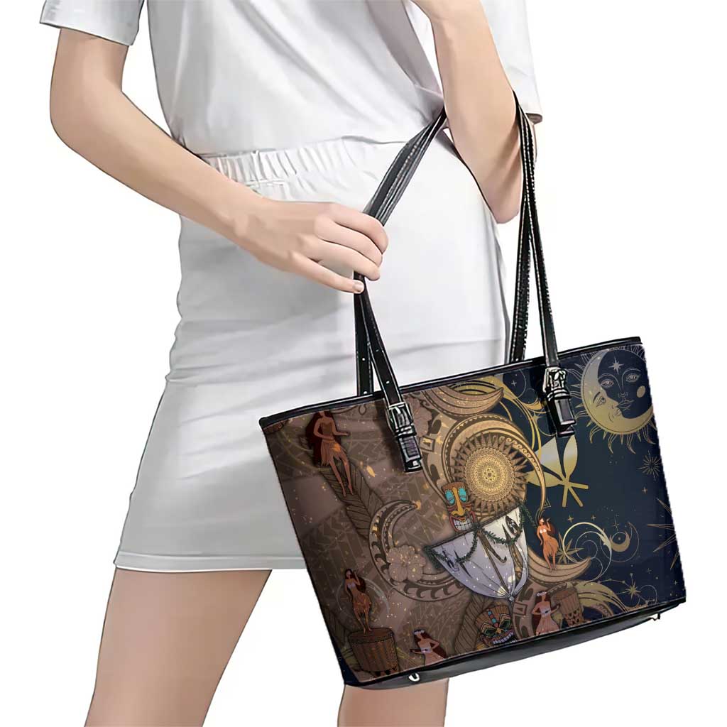 Hawaii Makahiki Leather Tote Bag Polynesian Sky And Earth - Polynesian Pride