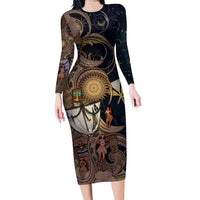 Hawaii Makahiki Long Sleeve Bodycon Dress Polynesian Sky And Earth DT05 Long Dress Gold - Polynesian Pride