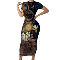 Hawaii Makahiki Short Sleeve Bodycon Dress Polynesian Sky And Earth DT05 Long Dress Gold - Polynesian Pride