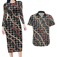 Hawaii Palaka Niihau Shell Lei Couples Matching Long Sleeve Bodycon Dress and Hawaiian Shirt Tropical Island Plaid Patterns