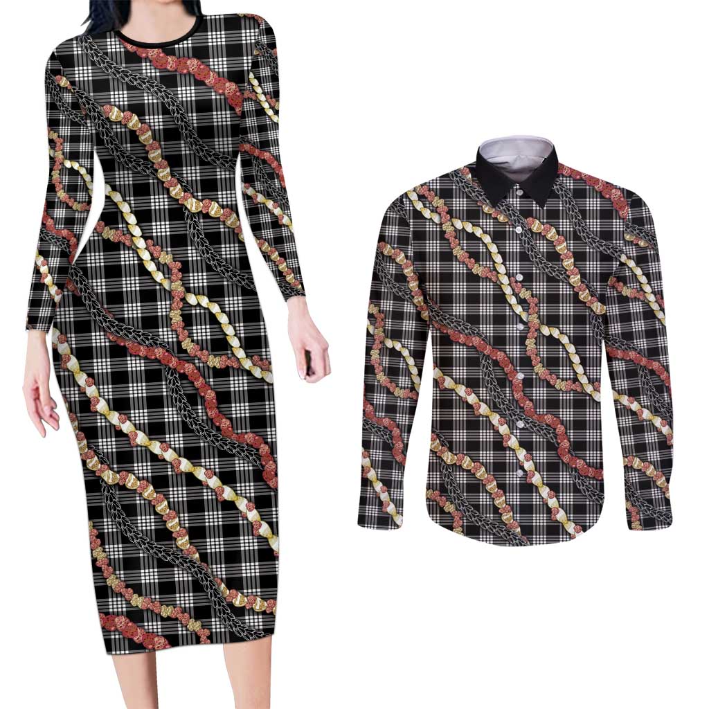 Hawaii Palaka Niihau Shell Lei Couples Matching Long Sleeve Bodycon Dress and Long Sleeve Button Shirt Tropical Island Plaid Patterns DT05 Black - Polynesian Pride