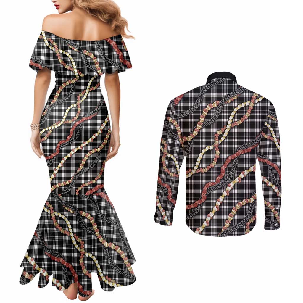 Hawaii Palaka Niihau Shell Lei Couples Matching Mermaid Dress and Long Sleeve Button Shirt Tropical Island Plaid Patterns DT05 - Polynesian Pride