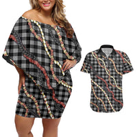 Hawaii Palaka Niihau Shell Lei Couples Matching Off Shoulder Short Dress and Hawaiian Shirt Tropical Island Plaid Patterns