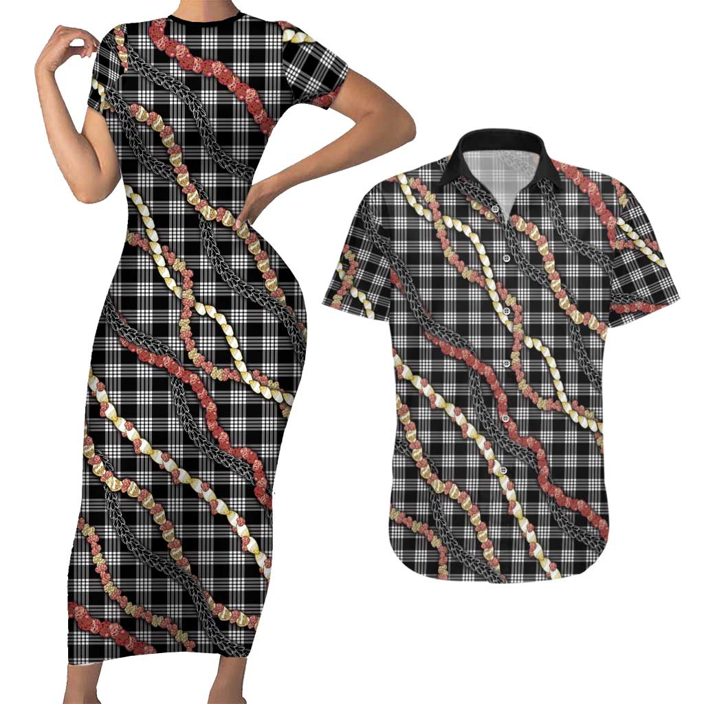 Hawaii Palaka Niihau Shell Lei Couples Matching Short Sleeve Bodycon Dress and Hawaiian Shirt Tropical Island Plaid Patterns