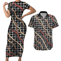 Hawaii Palaka Niihau Shell Lei Couples Matching Short Sleeve Bodycon Dress and Hawaiian Shirt Tropical Island Plaid Patterns