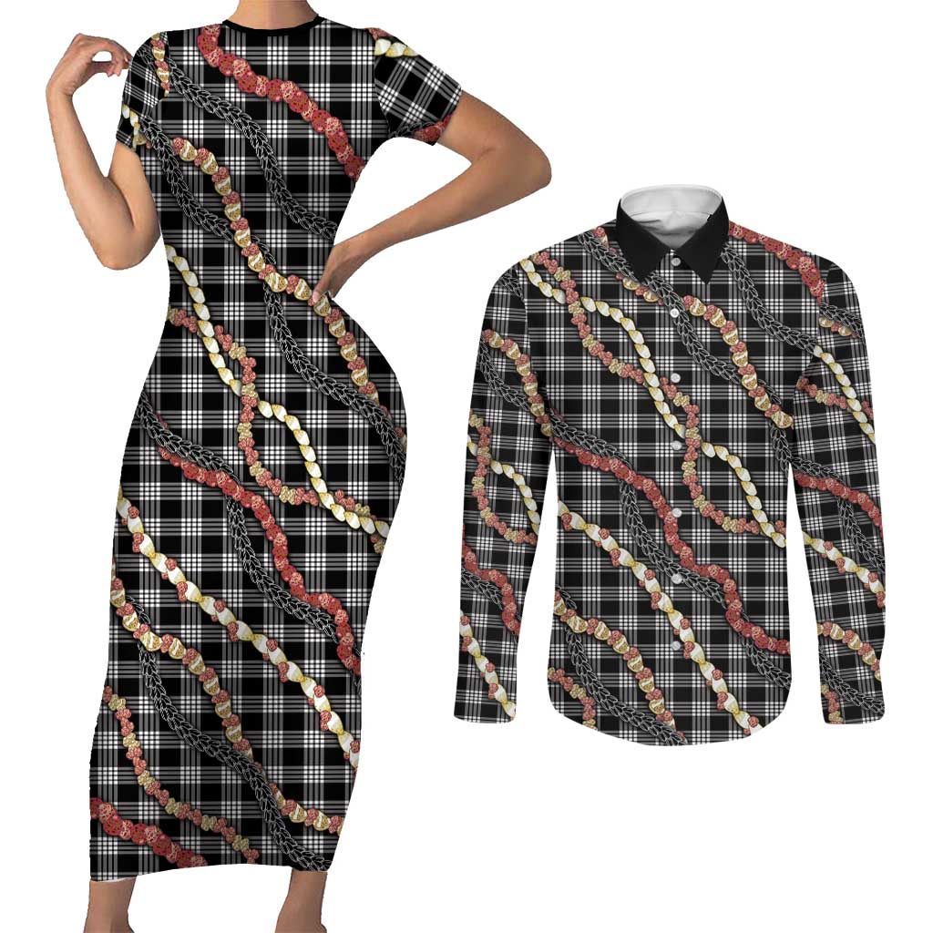 Hawaii Palaka Niihau Shell Lei Couples Matching Short Sleeve Bodycon Dress and Long Sleeve Button Shirt Tropical Island Plaid Patterns