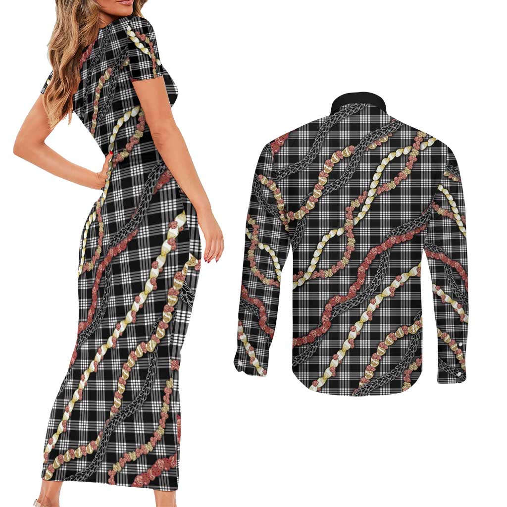 Hawaii Palaka Niihau Shell Lei Couples Matching Short Sleeve Bodycon Dress and Long Sleeve Button Shirt Tropical Island Plaid Patterns