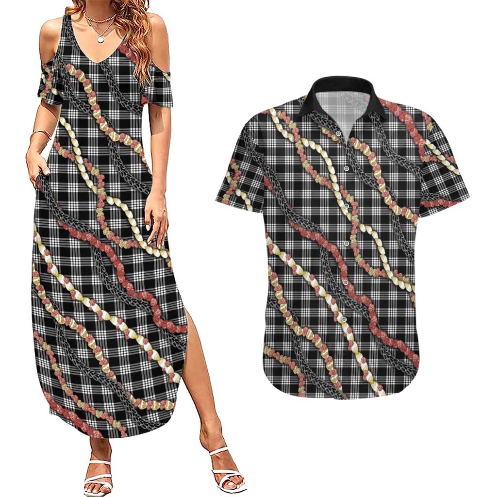Hawaii Palaka Niihau Shell Lei Couples Matching Summer Maxi Dress and Hawaiian Shirt Tropical Island Plaid Patterns