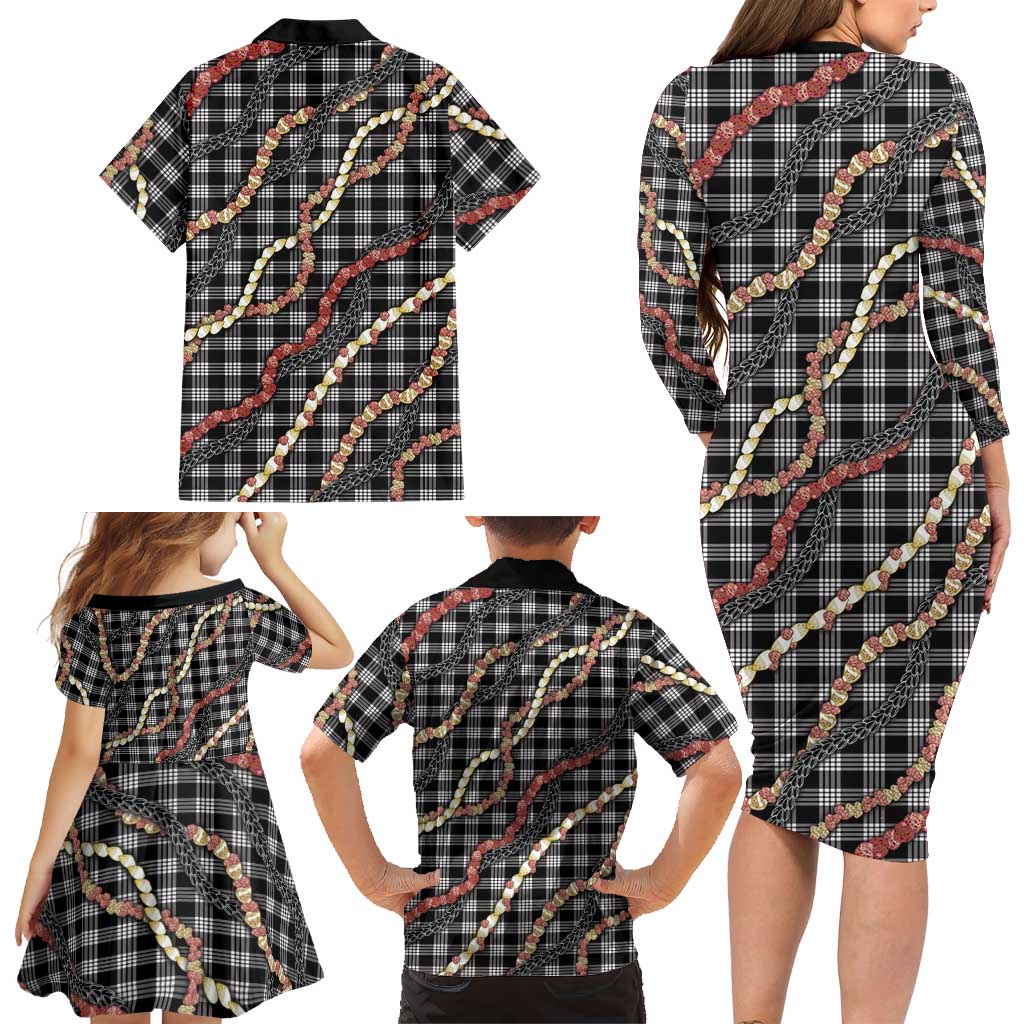 Hawaii Palaka Niihau Shell Lei Family Matching Long Sleeve Bodycon Dress and Hawaiian Shirt Tropical Island Plaid Patterns