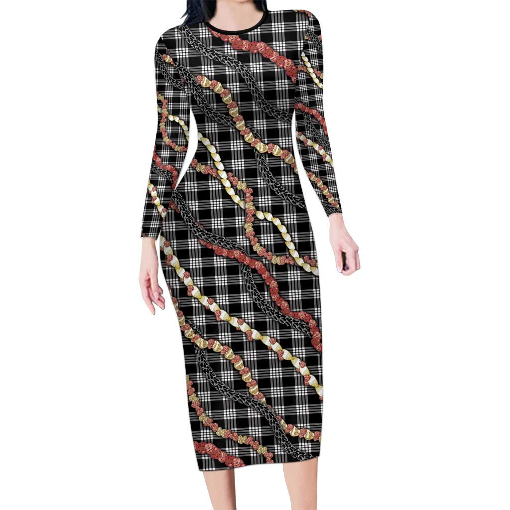 Hawaii Palaka Niihau Shell Lei Family Matching Long Sleeve Bodycon Dress and Hawaiian Shirt Tropical Island Plaid Patterns