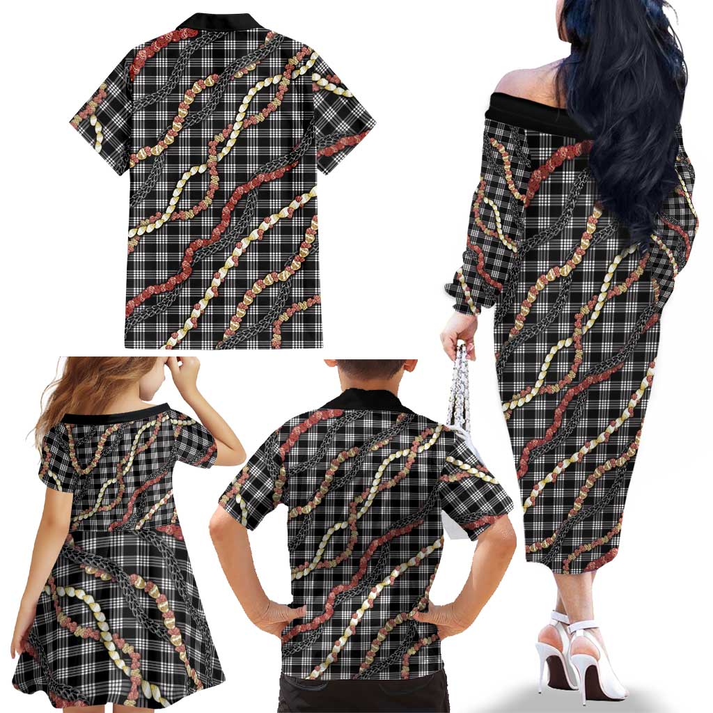 Hawaii Palaka Niihau Shell Lei Family Matching Off The Shoulder Long Sleeve Dress and Hawaiian Shirt Tropical Island Plaid Patterns