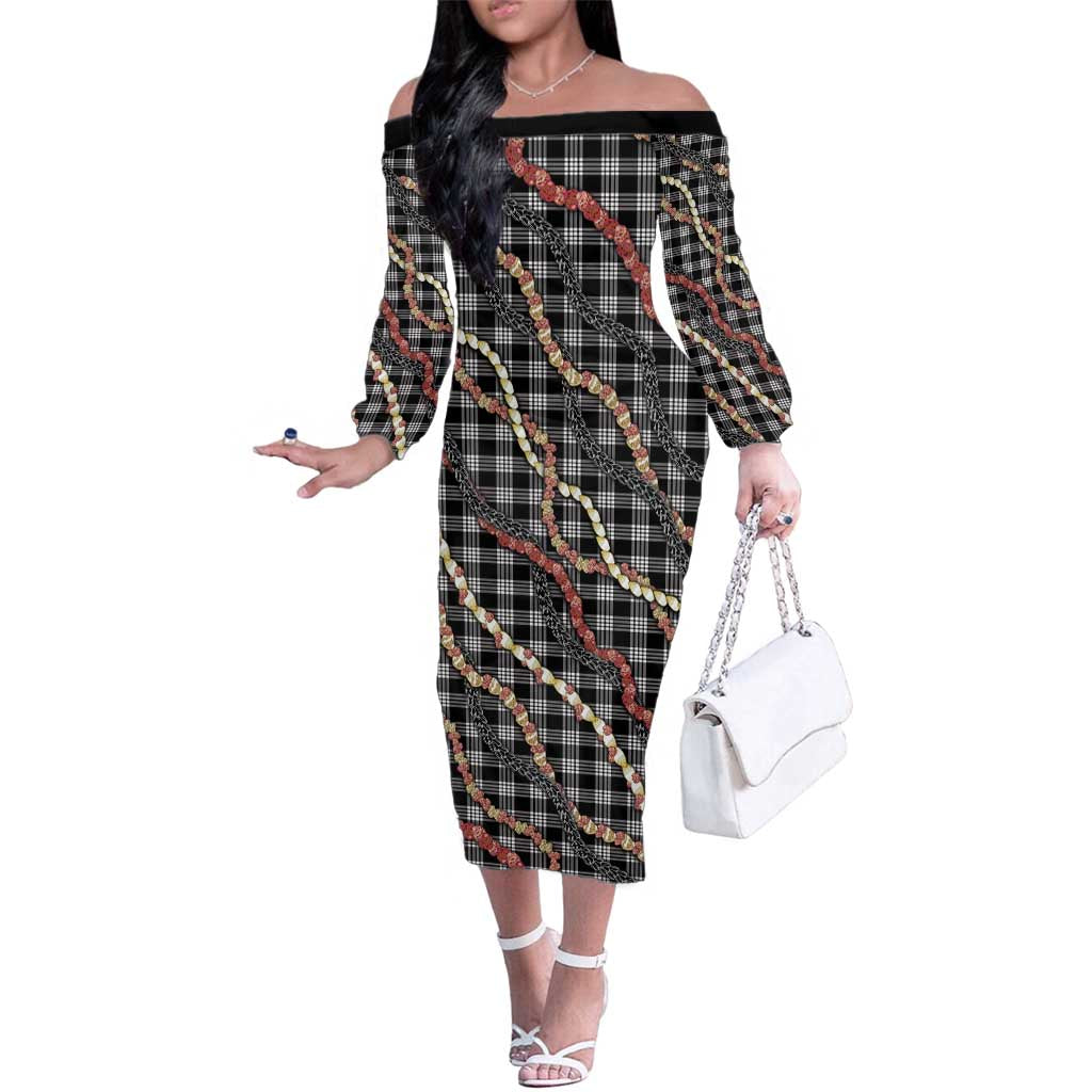 Hawaii Palaka Niihau Shell Lei Family Matching Off The Shoulder Long Sleeve Dress and Hawaiian Shirt Tropical Island Plaid Patterns