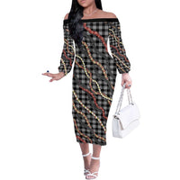 Hawaii Palaka Niihau Shell Lei Family Matching Off The Shoulder Long Sleeve Dress and Hawaiian Shirt Tropical Island Plaid Patterns