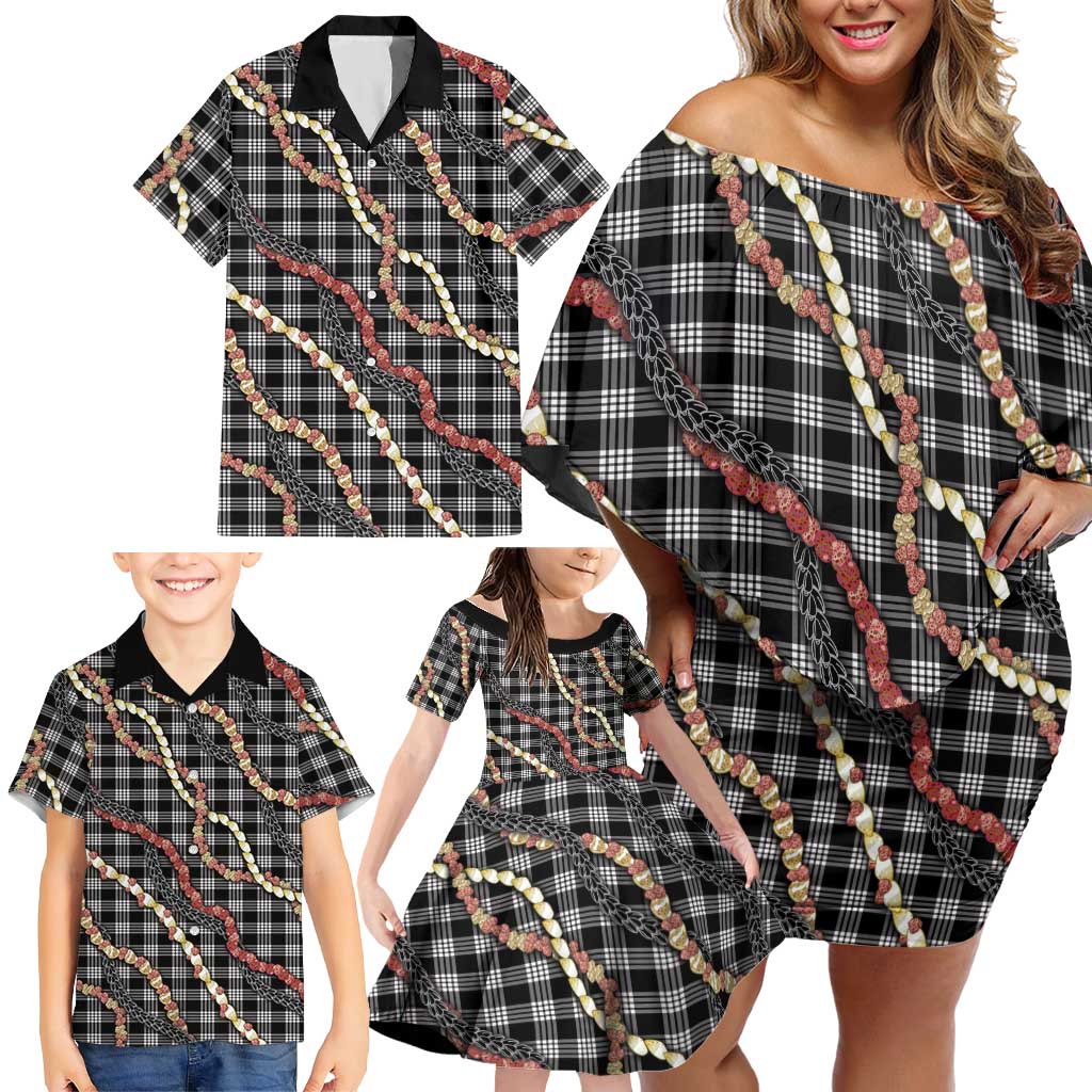 Hawaii Palaka Niihau Shell Lei Family Matching Off Shoulder Short Dress and Hawaiian Shirt Tropical Island Plaid Patterns
