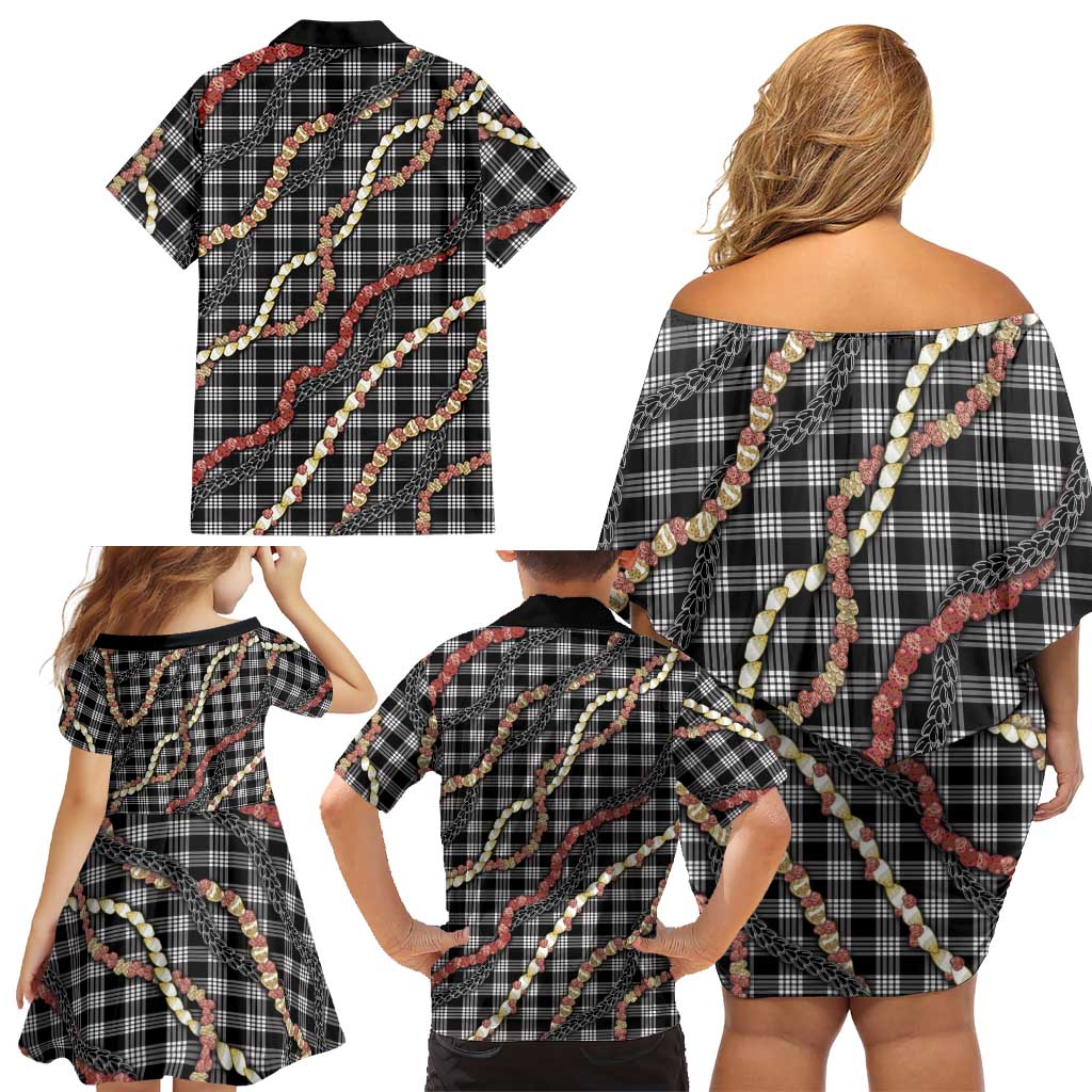 Hawaii Palaka Niihau Shell Lei Family Matching Off Shoulder Short Dress and Hawaiian Shirt Tropical Island Plaid Patterns