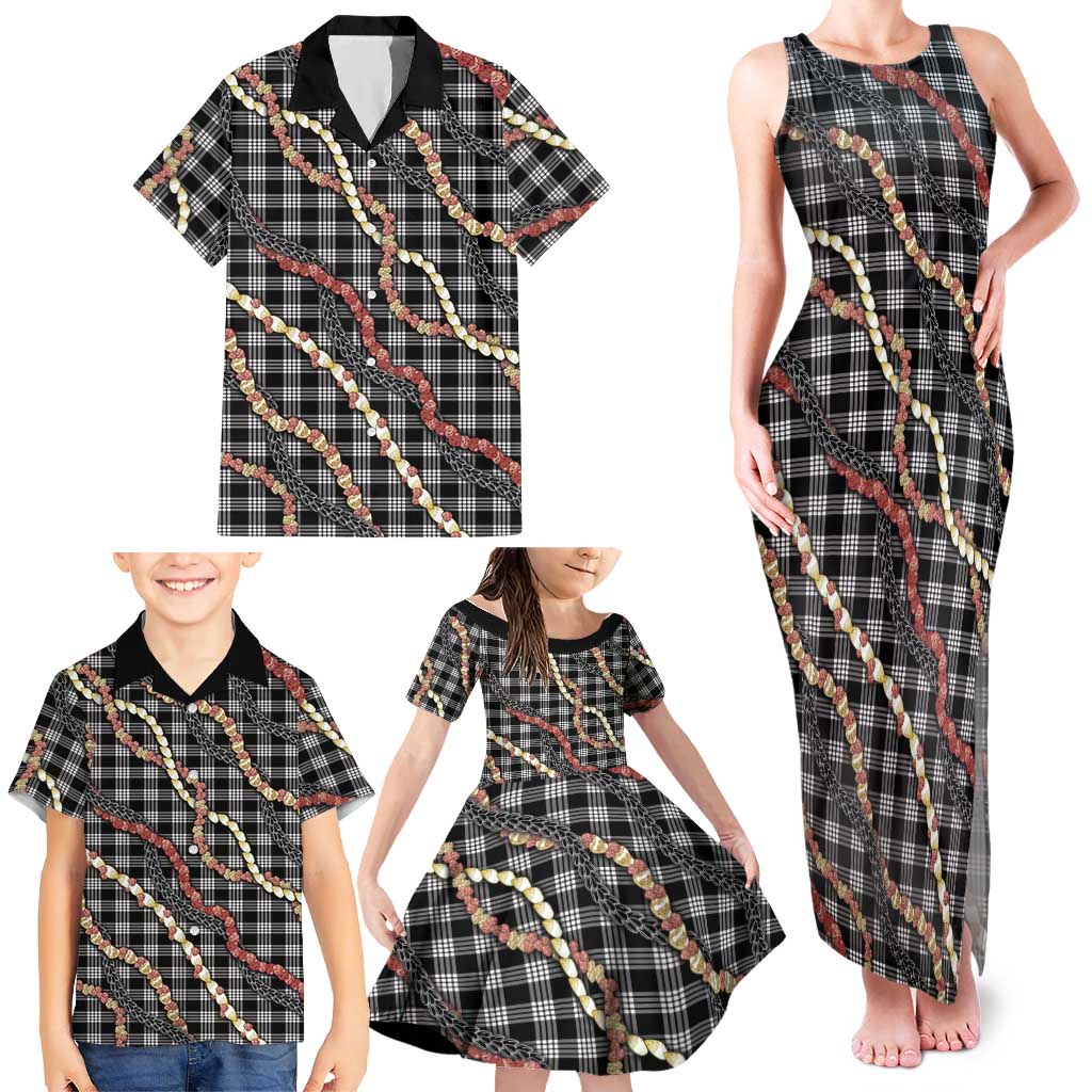 Hawaii Palaka Niihau Shell Lei Family Matching Tank Maxi Dress and Hawaiian Shirt Tropical Island Plaid Patterns