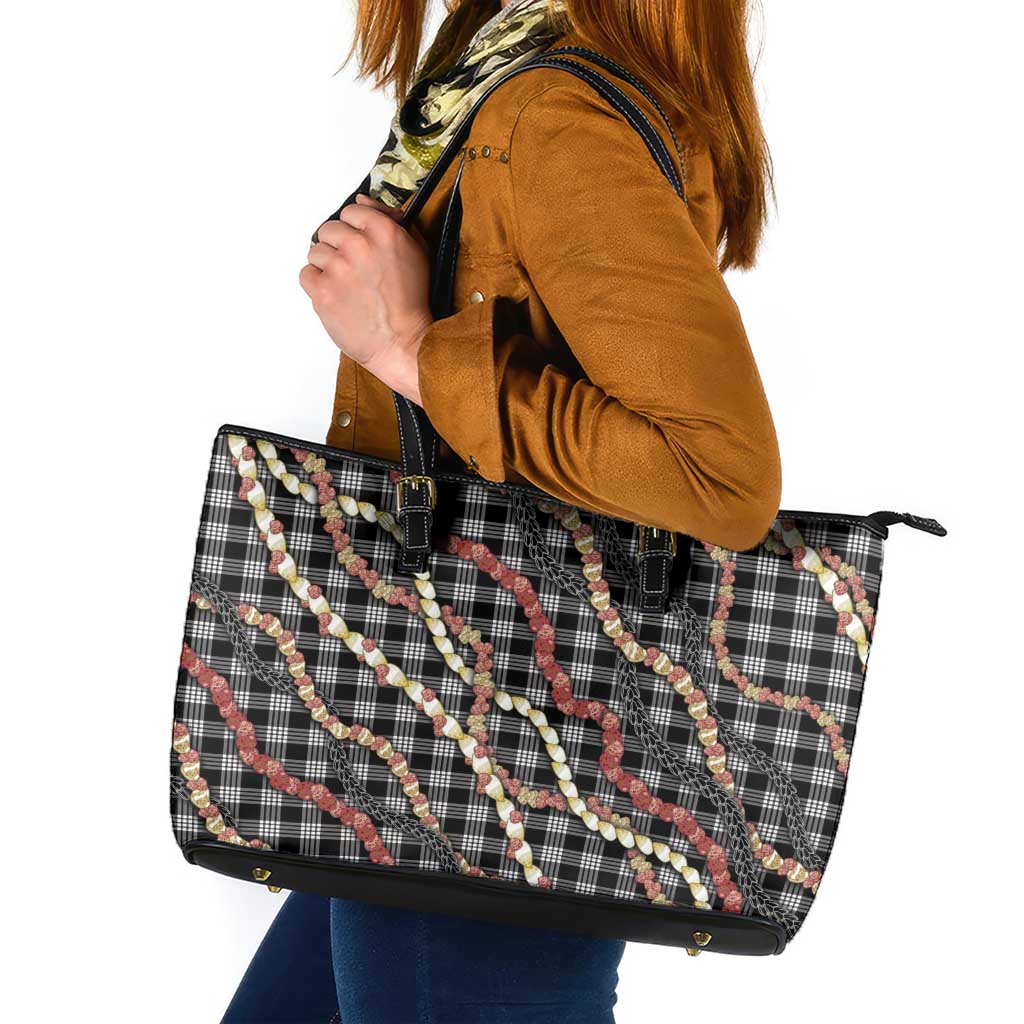 Hawaii Palaka Niihau Shell Lei Leather Tote Bag Tropical Island Plaid Patterns