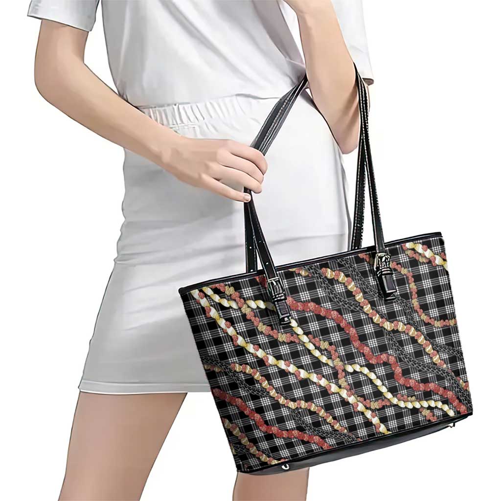 Hawaii Palaka Niihau Shell Lei Leather Tote Bag Tropical Island Plaid Patterns