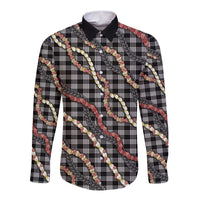 Hawaii Palaka Niihau Shell Lei Long Sleeve Button Shirt Tropical Island Plaid Patterns