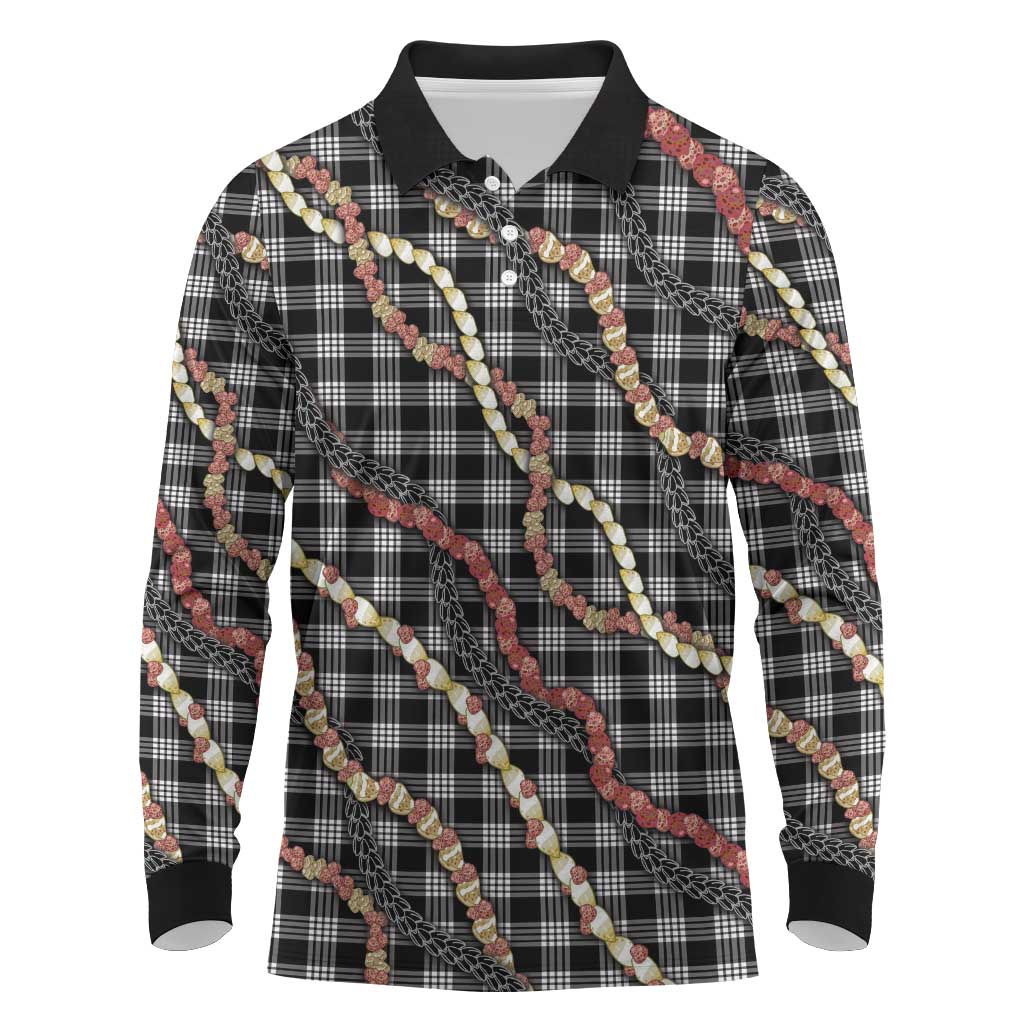 Hawaii Palaka Niihau Shell Lei Long Sleeve Polo Shirt Tropical Island Plaid Patterns DT05 Black - Polynesian Pride