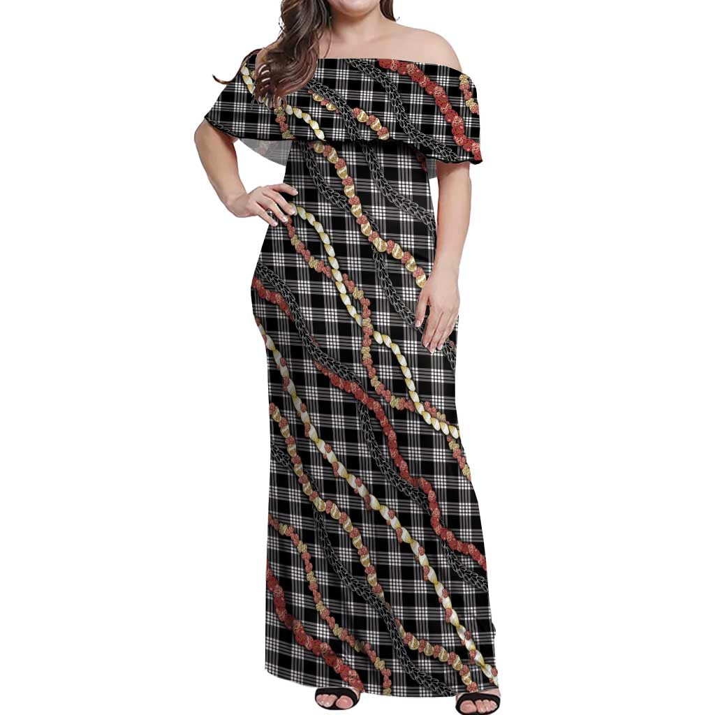Hawaii Palaka Niihau Shell Lei Off Shoulder Maxi Dress Tropical Island Plaid Patterns DT05 Women Black - Polynesian Pride